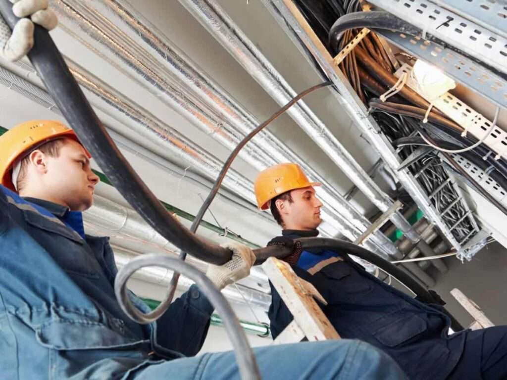 Electricians installing electrical wiring in a building trunking